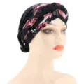 Black floral print braided turban cap for women, soft milk silk head wrap for daily wear. - M (56-58cm) / Black Red Flower