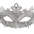 White metal filigree masquerade mask with glitter and rhinestones for party events - Butterfly Design / Silver White