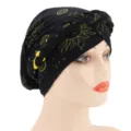 Black braided turban hat with yellow celestial print, soft milk silk chemotherapy cap for women. - M (56-58cm) / Black Moon and Stars