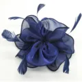 Dark blue organza fascinator hair accessory with feathers, elegant cocktail party hat for women. - Navy Blue