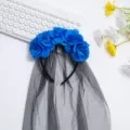 Blue rose floral headband with black veil for Halloween party, gothic hair accessory. - Sapphire Blue