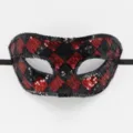 Schwarz-roter Pailletten-Maskenball-Augenmaske, Harlekin-Karomuster für Party und Karneval. - Kariert Schwarz Rot