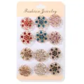 Buntes Strass Blumen Brosche Set auf Pappkarte modische Legierung Kragen Accessoires. - 12 Stück/Packung / Gemischte Farben
