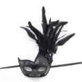 Black feather masquerade mask with glitter and rhinestones for party and Halloween events. - Beaded Feather Swan Black