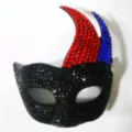 Máscara de carnaval con pedrería brillante, antifaz arlequín negro rojo azul para fiesta. - Cuernos Grandes de Llama - Diamante Rojo Blanco Azul