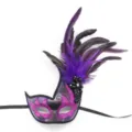 Close-up detail of a purple feather masquerade mask with glitter and rhinestones for party. - Beaded Feather Swan Purple