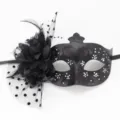 Detailed macro view of a black lace masquerade mask featuring flower and feather accents. - Polka Dot Mesh + Flower Swan Style (20250303mj005) / Black