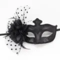 Elegante máscara de mascarada negra con velo de malla de puntos y flor para fiestas - Malla de Lunares Negra y Flor Negra