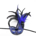 Close-up detail of blue masquerade mask featuring black feathers and shiny rhinestones. - Beaded Feather Swan Blue