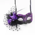 Elegant purple and black masquerade mask with decorative floral lace and polka dot mesh - Polka Dot Mesh + Flower Arc Beauty Style (20250303mj005) / Purple