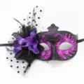 Close-up detail of black masquerade mask with elegant purple flower and polka dot mesh veil - Polka Dot Mesh + Flower Swan Style (20250303mj005) / Purple