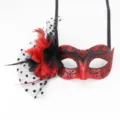 Elegant red and black masquerade mask with floral lace, polka dot mesh, and feathers - Polka Dot Mesh + Flower Arc Beauty Style (20250303mj005) / Red