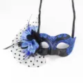 Elegant blue and black masquerade mask featuring a side flower and mesh veil decor. - Polka Dot Mesh + Flower Arc Beauty Style (20250303mj005) / Blue