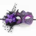 Close-up detail of a purple masquerade mask with ornate floral and polka dot mesh decor - Polka Dot Mesh + Flower Small Horn Purple