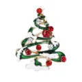 Weihnachtsbaum Brosche mit Emaillierung, weißem Schnee und roten sowie weißen Strasssteinen. - Grüner Weihnachtsbaum