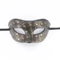 Masque de bal venetien en cuir vintage fete Halloween carnaval accessoire vue detaillee - Petit quadrillage or antique - Tête plate