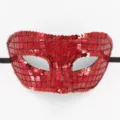 Rote Pailletten Maskenbild Detailaufnahme, glitzernde Party Requisiten fuer Halloween Kostueme. - Laser Rot