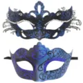 Set de máscaras de mascarada para pareja en azul negro con purpurina y strass - Estilo Reina Calado con Strass (Con Purpurina) / Azul