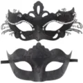 Set de máscaras negras para fiesta de parejas de Halloween, elegantes antifaces con diamantes. - Estilo Reina Calado con Strass (Con Purpurina) / Negro