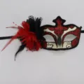 Gedetailleerd overzicht van een rood zwarte feestmasker met veren en bloemen voor feest. - Rood Wit