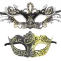 Set de máscaras negras y doradas para fiesta de Halloween pareja sexy antifaz de carnaval. - Estilo Reina Calado con Strass (Con Purpurina) / Dorado