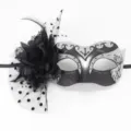 Elegant black masquerade mask with fabric flower, feathers and polka dot mesh lace - Polka Dot Mesh + Flower Arc Beauty Style (20250303mj005) / Silver