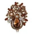 Detailed shot of vintage crystal flower brooch, bronze tone alloy with brown rhinestones. - Coffee Style (XZ4472D)