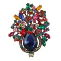 Detailed shot of vintage crystal flower basket brooch with colorful rhinestones and blue drop stone. - Multicolor Style (XZ4472F)