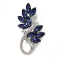 Detailed shot of exquisite blue crystal rhinestone brooch, elegant floral leaf metal design pin. - Tulip Leaf Style (MM-BR-3536) / Blue