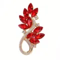 Detailed close-up of a luxury red rhinestone brooch, sparkling crystal gold alloy pin accessory. - Tulip Leaf Style (MM-BR-3536) / Red