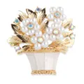 Detailed view of the gold-plated flower basket brooch with pearl blossoms and iridescent rhinestones. - White Flower Basket (xz4765C) / White