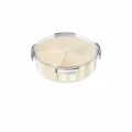 Round cream white segmented fruit tray with clear lid and locks, snack storage box. - Round Fruit Plate with Electroplated Buckle / Cream White Silver