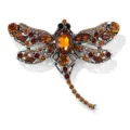 Antiek zilverkleurige libelle broche met amber bruine kristallen strass stenen, elegant. - koffiekleur