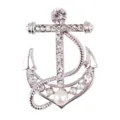 Silver tone anchor brooch featuring sparkling rhinestones and elegant white faux pearls. - Silver Style (xz4027B)