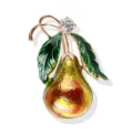 Exquisite enamel pear brooch close-up, featuring vibrant green leaves and sparkling crystal detail. - Gourd Brooch