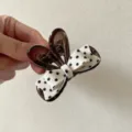 Small brown claw hair clip with white polka dot bow, cute hair accessory for women half up. - Rabbit Claw Clip / White Polka Dot Bowknot