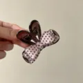 Small hair claw clip for women, brown translucent shark clip with cute pink polka dot bow. - Rabbit Claw Clip / Pink Polka Dot Bow