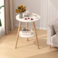 Modern round side table with two tiers wooden legs small bedside coffee table for living room - 40x40x52cm / Warm White