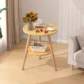 Modern wooden round side table with two tiers, small bedside coffee table for living room - 40x40x52cm / Walnut
