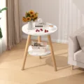 White marble pattern round side table with wooden legs, two-tier storage small bedside table. - 40x40x52cm / White Marble Texture