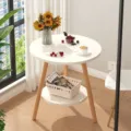 Modern white 2-tier round side table with wooden legs for living room and bedroom use - 50x50x52cm / Warm White