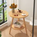 Wooden round side table with storage shelf, modern accent end table for bedroom living room. - 50x50x52cm / Walnut