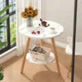 Modern round side table with double tiers white marble texture top and wood legs for home living room - 50x50x52cm / White Marble Texture
