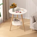 Modern white round side table with wooden legs, 2-tier storage bedside table for living room. - 50x50x62cm / Warm White