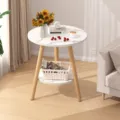 Modern white marble round side table with two tiers and wooden legs for living room bedroom - 50x50x62cm / White Marble Texture