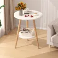 Modern minimalist round side table with double shelves wooden legs for living room bedroom - 50x50x70cm / Warm White