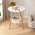 Modern round 2-tier bedside side table with wood legs and storage shelf for home living room. - 50x50x70cm / White Marble Texture