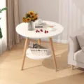 Modern round side table with storage shelf, small white coffee end table for living room bedroom - 60x60x50cm / Warm White