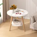 Modern round side table with storage shelf, white marble top and wooden legs for home. - 60x60x50cm / White Marble Texture