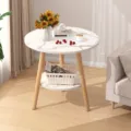Small round coffee table with marble texture top, wooden legs and storage shelf for home living room. - 60x60x60cm / White Marble Texture